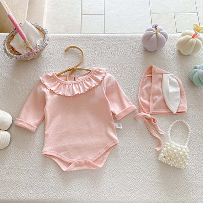 長袖ロンパース ラッフル襟長袖ロンパース+うさ耳ボンネット帽子セット【mh0010932】