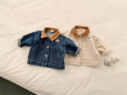 ショートコート・ジャケット・ジャンパー バイカラー襟付き長袖デニムジャケット コットンジャケット【mh0011017】