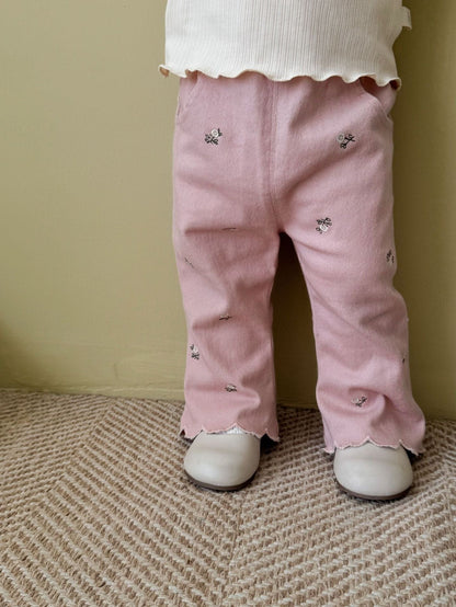 ロングパンツ・スウェットパンツ フラワー刺繍裾メロウフレアパンツ ワイドパンツ【mh0011018】