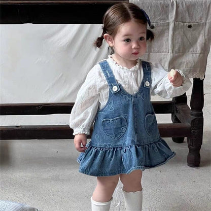 長袖セットアップ デニムサロペットワンピース/メロウフリル長袖ブラウス【mh0011023】