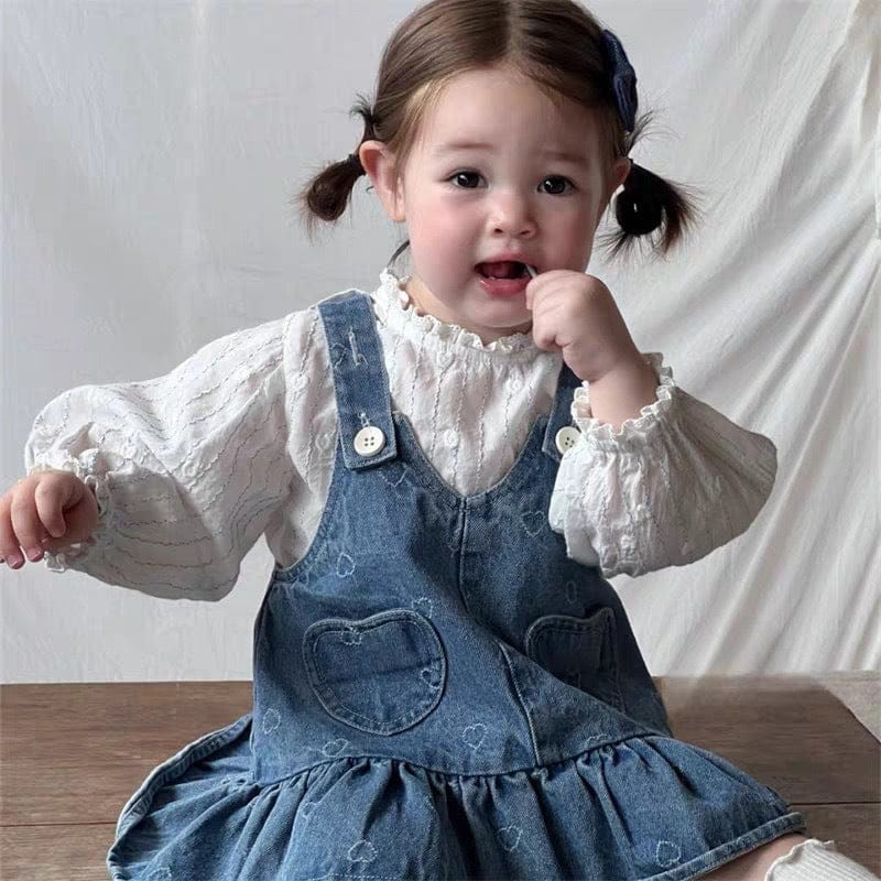 長袖セットアップ デニムサロペットワンピース/メロウフリル長袖ブラウス【mh0011023】