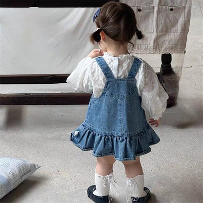 長袖セットアップ デニムサロペットワンピース/メロウフリル長袖ブラウス【mh0011023】