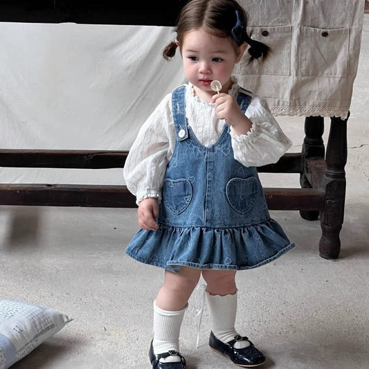 長袖セットアップ デニムサロペットワンピース/メロウフリル長袖ブラウス【mh0011023】