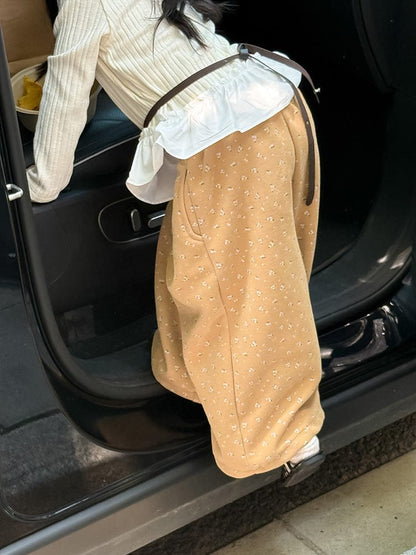 ロングパンツ・スウェットパンツ 小花柄コーデュロイパンツ ワイドパンツ裾絞り ルーズフィットロングパンツ【mh0011046】