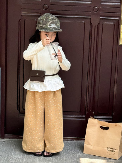 ロングパンツ・スウェットパンツ 小花柄コーデュロイパンツ ワイドパンツ裾絞り ルーズフィットロングパンツ【mh0011046】