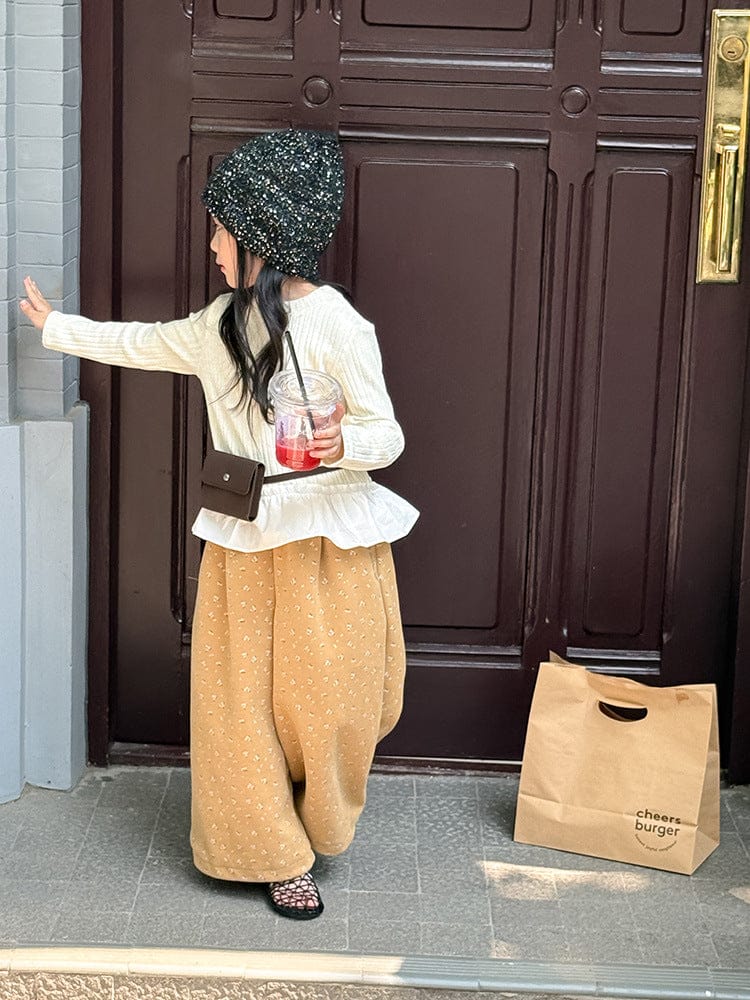 ロングパンツ・スウェットパンツ 小花柄コーデュロイパンツ ワイドパンツ裾絞り ルーズフィットロングパンツ【mh0011046】