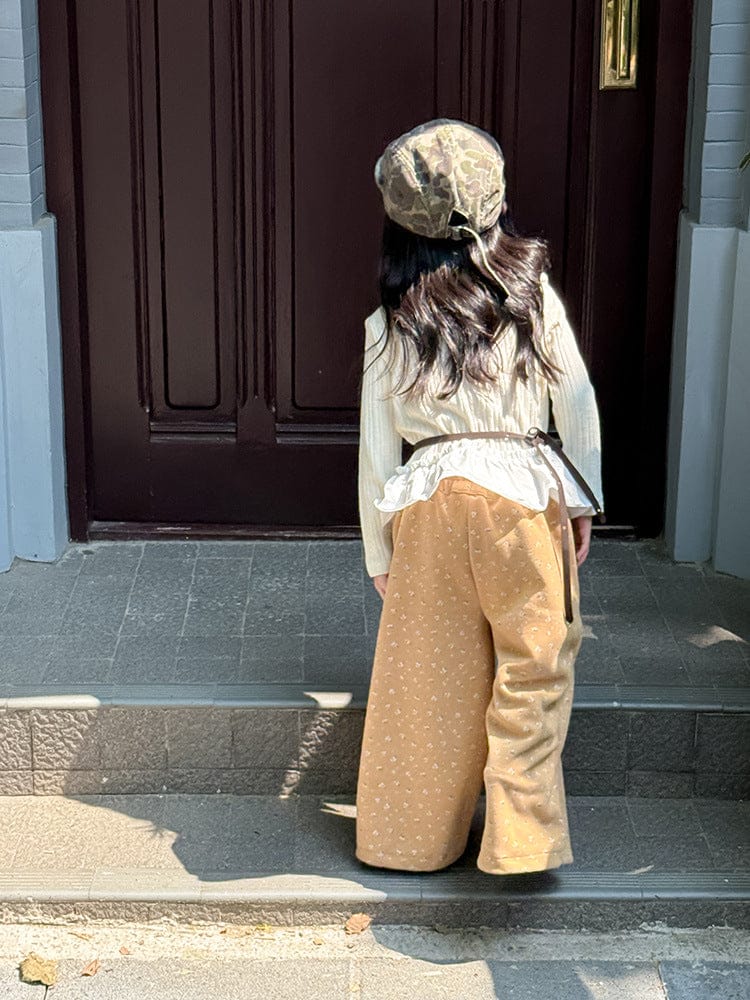 ロングパンツ・スウェットパンツ 小花柄コーデュロイパンツ ワイドパンツ裾絞り ルーズフィットロングパンツ【mh0011046】