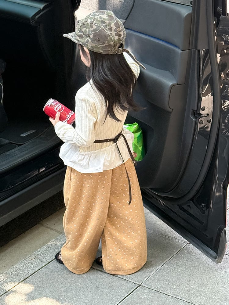 ロングパンツ・スウェットパンツ 小花柄コーデュロイパンツ ワイドパンツ裾絞り ルーズフィットロングパンツ【mh0011046】