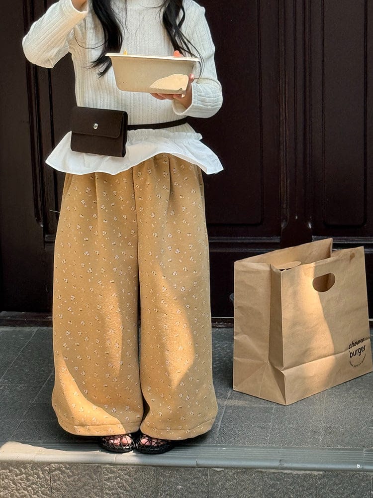 ロングパンツ・スウェットパンツ 小花柄コーデュロイパンツ ワイドパンツ裾絞り ルーズフィットロングパンツ【mh0011046】