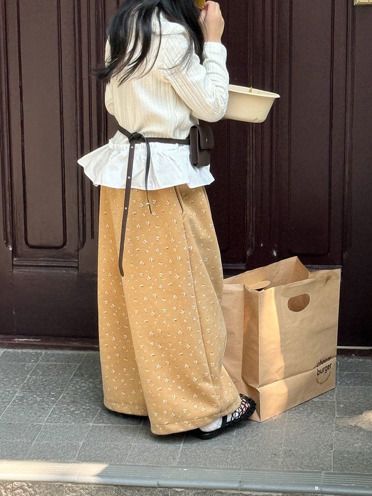 ロングパンツ・スウェットパンツ 小花柄コーデュロイパンツ ワイドパンツ裾絞り ルーズフィットロングパンツ【mh0011046】