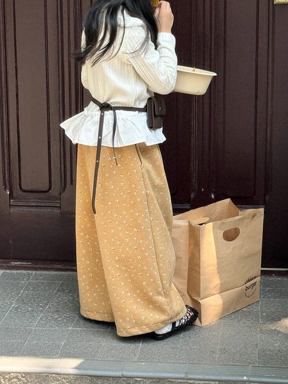 ロングパンツ・スウェットパンツ 小花柄コーデュロイパンツ ワイドパンツ裾絞り ルーズフィットロングパンツ【mh0011046】