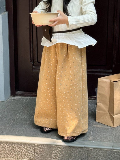 ロングパンツ・スウェットパンツ 小花柄コーデュロイパンツ ワイドパンツ裾絞り ルーズフィットロングパンツ【mh0011046】