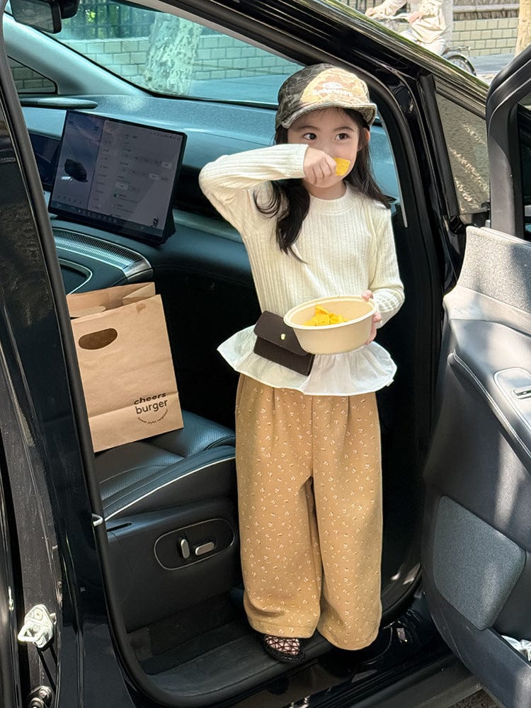 ロングパンツ・スウェットパンツ 小花柄コーデュロイパンツ ワイドパンツ裾絞り ルーズフィットロングパンツ【mh0011046】