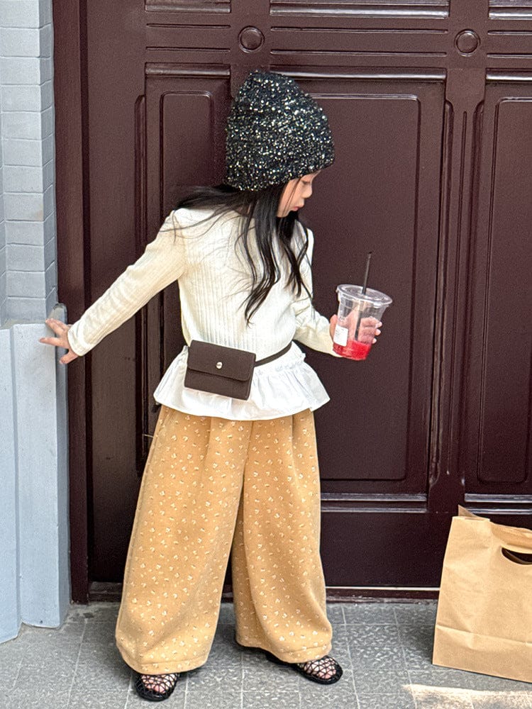 ロングパンツ・スウェットパンツ 小花柄コーデュロイパンツ ワイドパンツ裾絞り ルーズフィットロングパンツ【mh0011046】