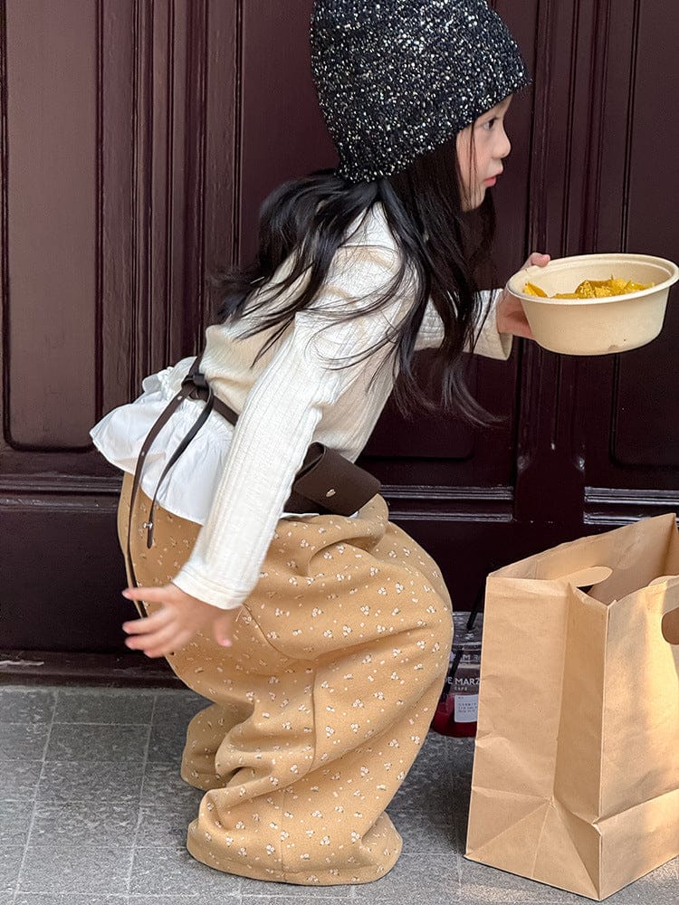 ロングパンツ・スウェットパンツ 小花柄コーデュロイパンツ ワイドパンツ裾絞り ルーズフィットロングパンツ【mh0011046】