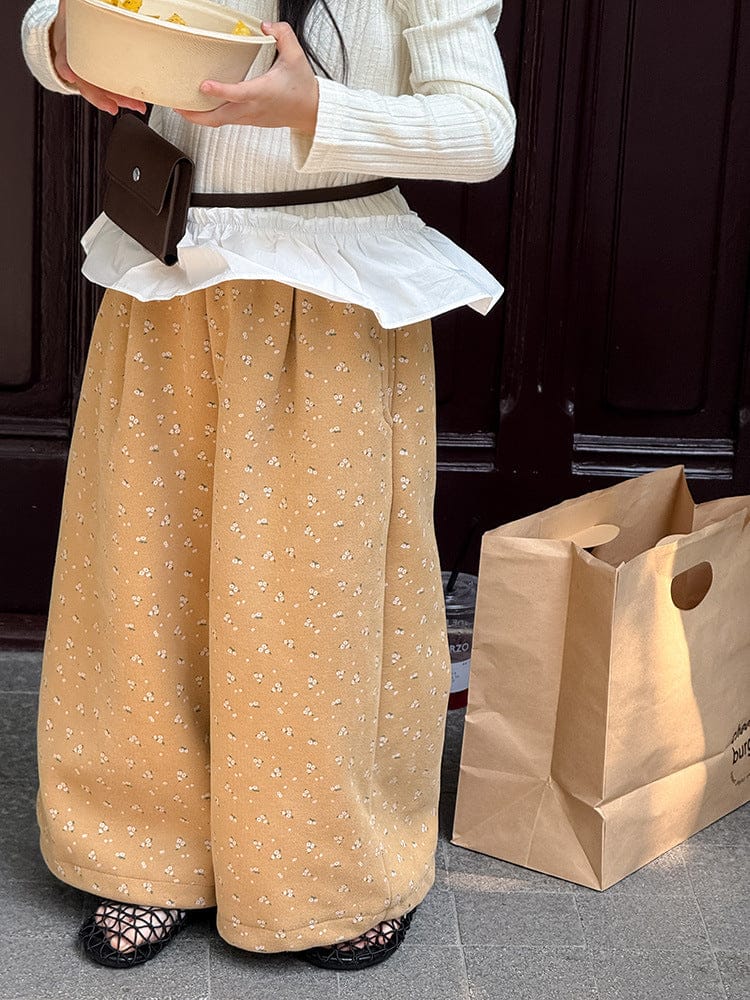 ロングパンツ・スウェットパンツ 小花柄コーデュロイパンツ ワイドパンツ裾絞り ルーズフィットロングパンツ【mh0011046】