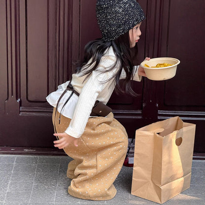 ロングパンツ・スウェットパンツ 小花柄コーデュロイパンツ ワイドパンツ裾絞り ルーズフィットロングパンツ【mh0011046】