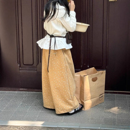 ロングパンツ・スウェットパンツ 小花柄コーデュロイパンツ ワイドパンツ裾絞り ルーズフィットロングパンツ【mh0011046】