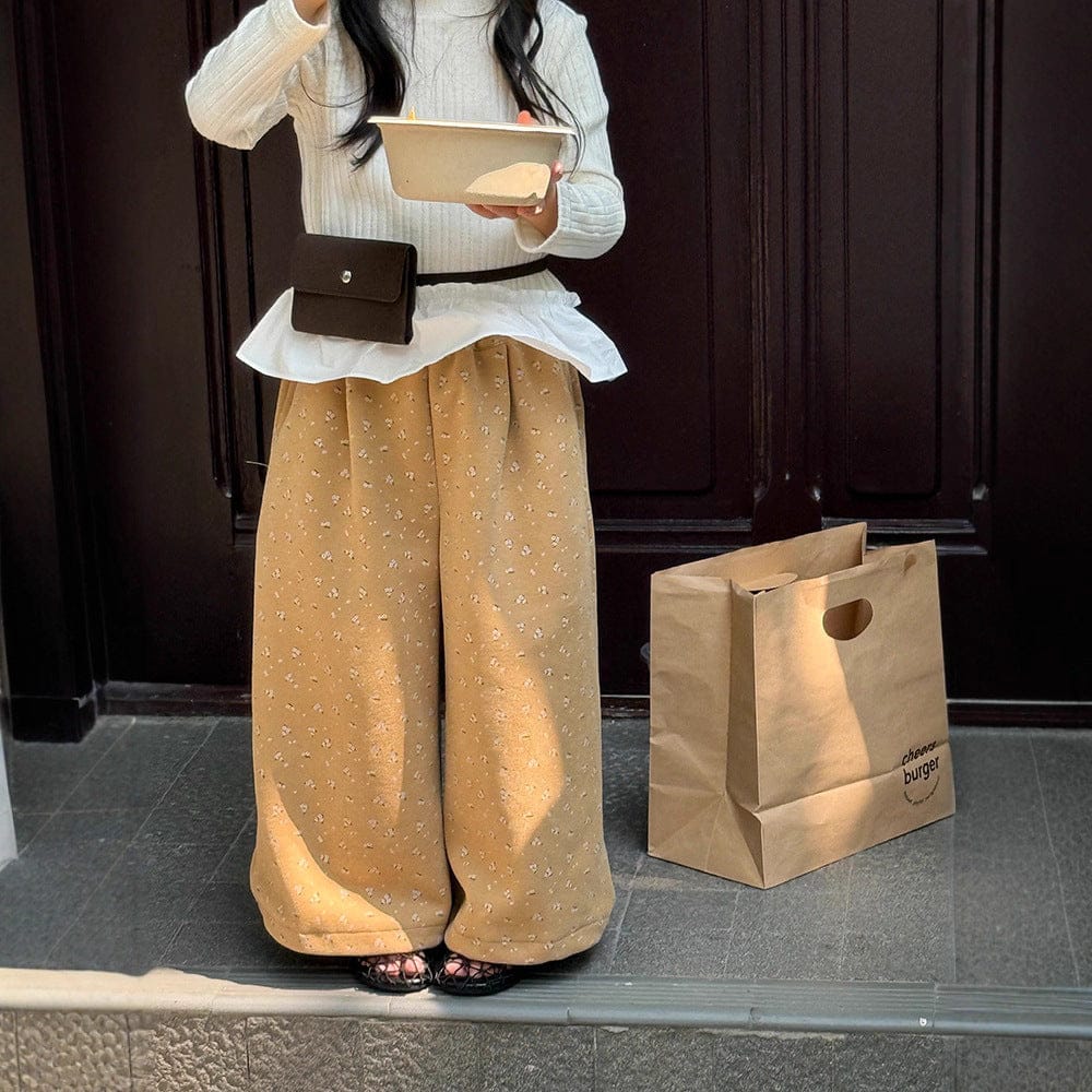 ロングパンツ・スウェットパンツ 小花柄コーデュロイパンツ ワイドパンツ裾絞り ルーズフィットロングパンツ【mh0011046】