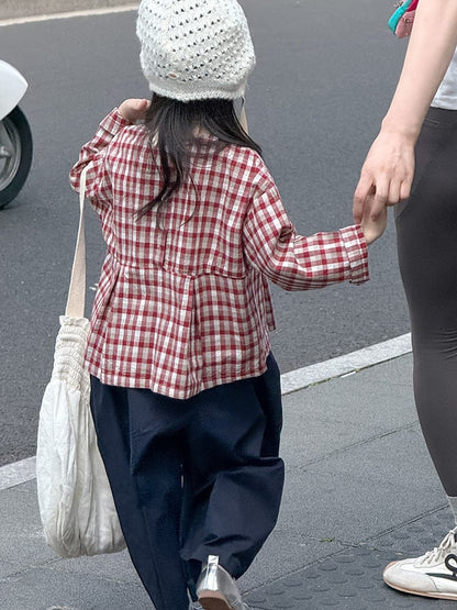 長袖シャツ・ブラウス レトロチェック柄ブラウス ラウンドネック ギャザー入りクロップド丈トップス【mh0011049】