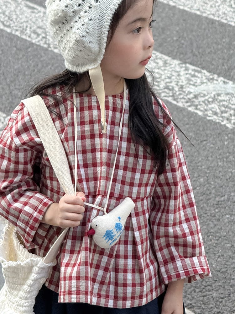 長袖シャツ・ブラウス レトロチェック柄ブラウス ラウンドネック ギャザー入りクロップド丈トップス【mh0011049】