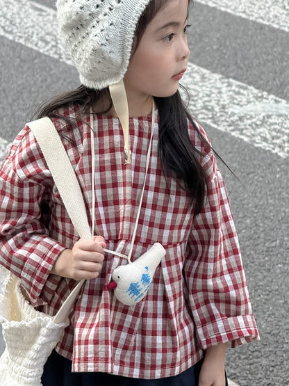 長袖シャツ・ブラウス レトロチェック柄ブラウス ラウンドネック ギャザー入りクロップド丈トップス【mh0011049】