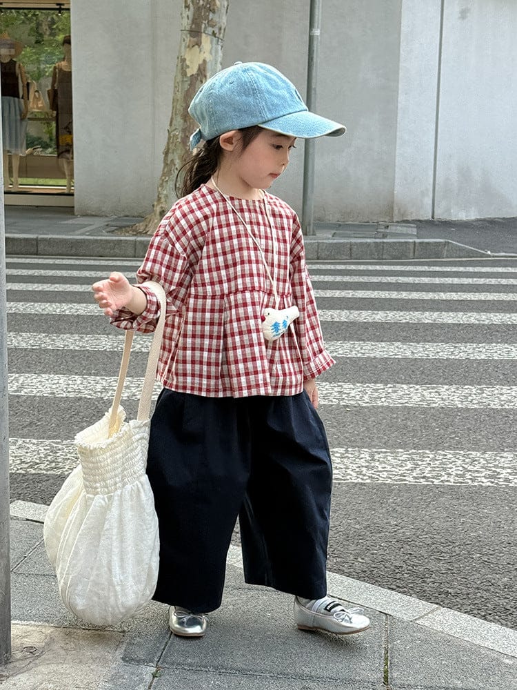 長袖シャツ・ブラウス レトロチェック柄ブラウス ラウンドネック ギャザー入りクロップド丈トップス【mh0011049】