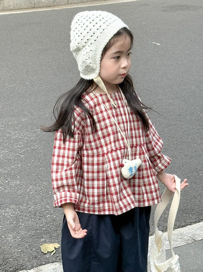 長袖シャツ・ブラウス レトロチェック柄ブラウス ラウンドネック ギャザー入りクロップド丈トップス【mh0011049】