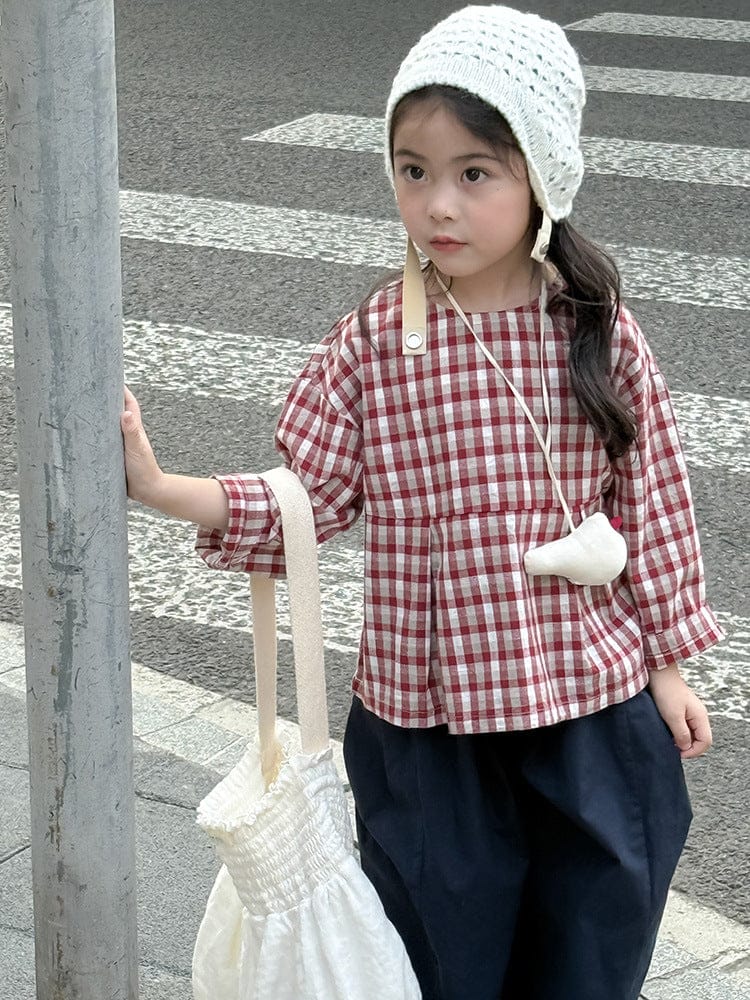 長袖シャツ・ブラウス レトロチェック柄ブラウス ラウンドネック ギャザー入りクロップド丈トップス【mh0011049】