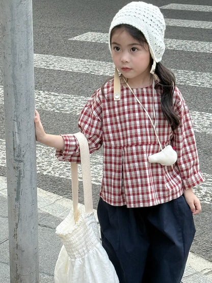 長袖シャツ・ブラウス レトロチェック柄ブラウス ラウンドネック ギャザー入りクロップド丈トップス【mh0011049】