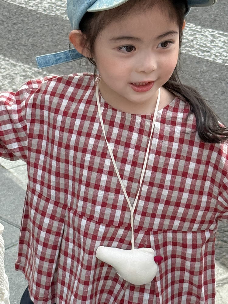 長袖シャツ・ブラウス レトロチェック柄ブラウス ラウンドネック ギャザー入りクロップド丈トップス【mh0011049】