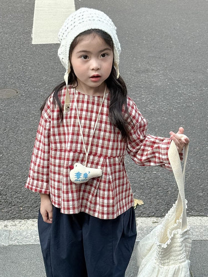 長袖シャツ・ブラウス レトロチェック柄ブラウス ラウンドネック ギャザー入りクロップド丈トップス【mh0011049】