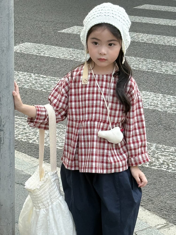 長袖シャツ・ブラウス レトロチェック柄ブラウス ラウンドネック ギャザー入りクロップド丈トップス【mh0011049】