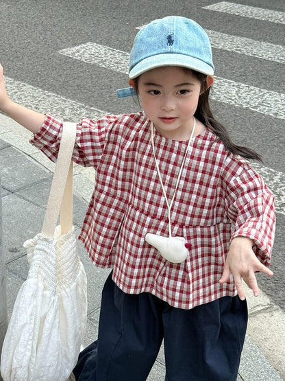 長袖シャツ・ブラウス レトロチェック柄ブラウス ラウンドネック ギャザー入りクロップド丈トップス【mh0011049】