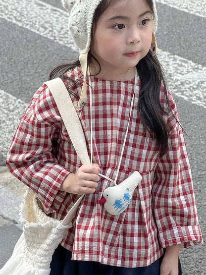 長袖シャツ・ブラウス レトロチェック柄ブラウス ラウンドネック ギャザー入りクロップド丈トップス【mh0011049】