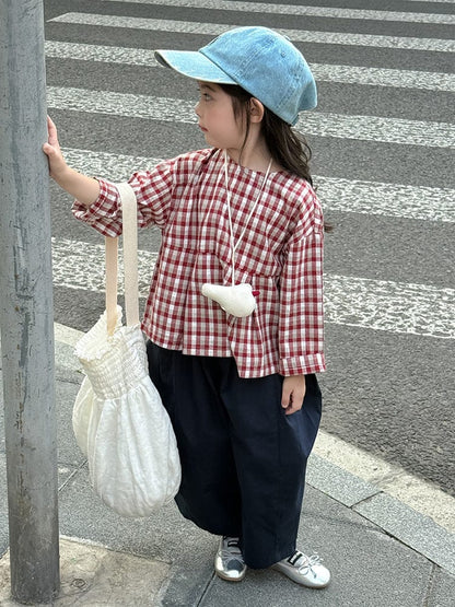 長袖シャツ・ブラウス レトロチェック柄ブラウス ラウンドネック ギャザー入りクロップド丈トップス【mh0011049】