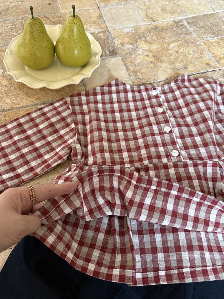 長袖シャツ・ブラウス レトロチェック柄ブラウス ラウンドネック ギャザー入りクロップド丈トップス【mh0011049】