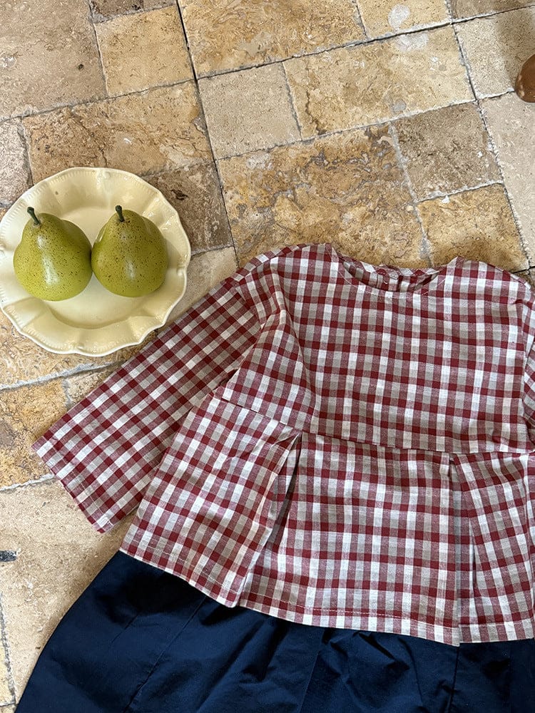 長袖シャツ・ブラウス レトロチェック柄ブラウス ラウンドネック ギャザー入りクロップド丈トップス【mh0011049】