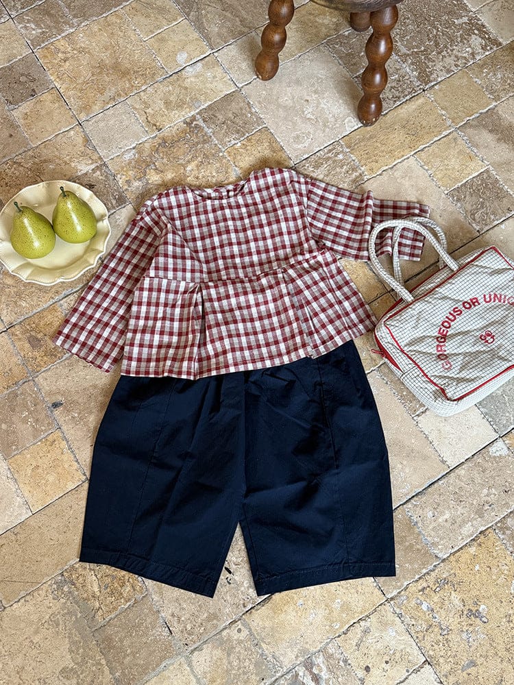 長袖シャツ・ブラウス レトロチェック柄ブラウス ラウンドネック ギャザー入りクロップド丈トップス【mh0011049】