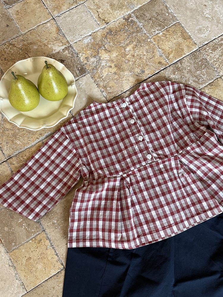 長袖シャツ・ブラウス レトロチェック柄ブラウス ラウンドネック ギャザー入りクロップド丈トップス【mh0011049】