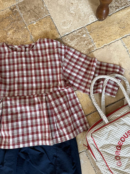 長袖シャツ・ブラウス レトロチェック柄ブラウス ラウンドネック ギャザー入りクロップド丈トップス【mh0011049】