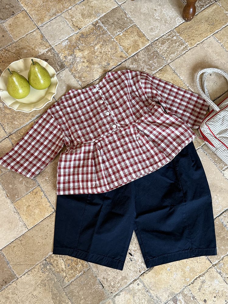 長袖シャツ・ブラウス レトロチェック柄ブラウス ラウンドネック ギャザー入りクロップド丈トップス【mh0011049】