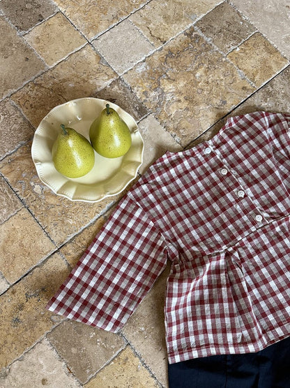 長袖シャツ・ブラウス レトロチェック柄ブラウス ラウンドネック ギャザー入りクロップド丈トップス【mh0011049】