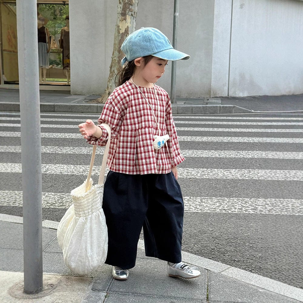 長袖シャツ・ブラウス レトロチェック柄ブラウス ラウンドネック ギャザー入りクロップド丈トップス【mh0011049】