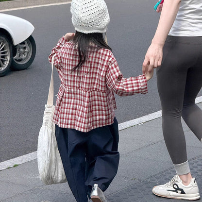 長袖シャツ・ブラウス レトロチェック柄ブラウス ラウンドネック ギャザー入りクロップド丈トップス【mh0011049】