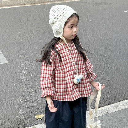 長袖シャツ・ブラウス レトロチェック柄ブラウス ラウンドネック ギャザー入りクロップド丈トップス【mh0011049】