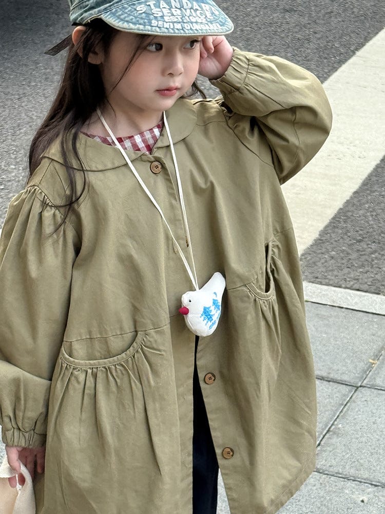 ロングコート 丸襟ミドル丈アウターコート ギャザー切り替えジャケット【mh0011052】