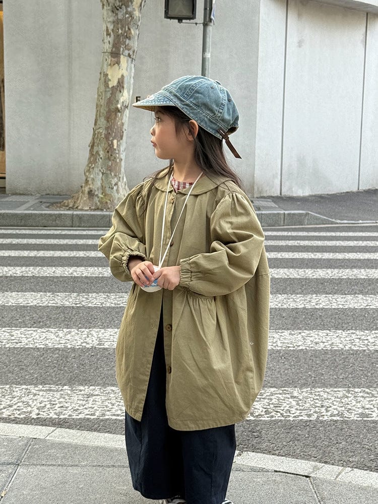 ロングコート 丸襟ミドル丈アウターコート ギャザー切り替えジャケット【mh0011052】