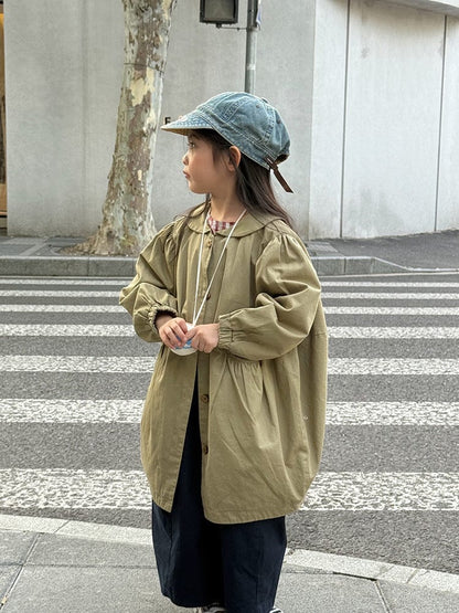 ロングコート 丸襟ミドル丈アウターコート ギャザー切り替えジャケット【mh0011052】