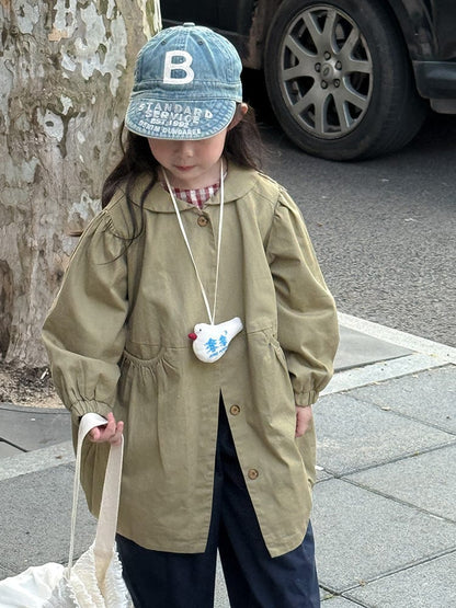 ロングコート 丸襟ミドル丈アウターコート ギャザー切り替えジャケット【mh0011052】